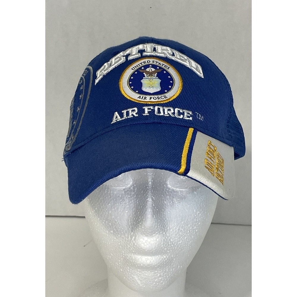 United States Air Force Retired Mesh Trucker Cap Blue Gold Emblem